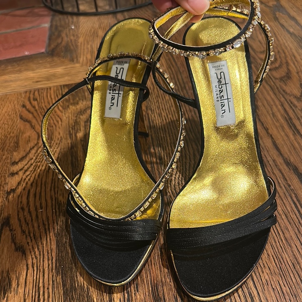 Vintage Sebastian Milano Black and Gold Strappy Heels